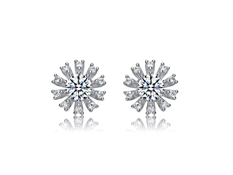 Clear Round and Baguette Cubic Zirconia, Rhodium Plated over Sterling Silver Flower Stud Earrings