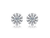 Clear Round and Baguette Cubic Zirconia, Rhodium Plated over Sterling Silver Flower Stud Earrings