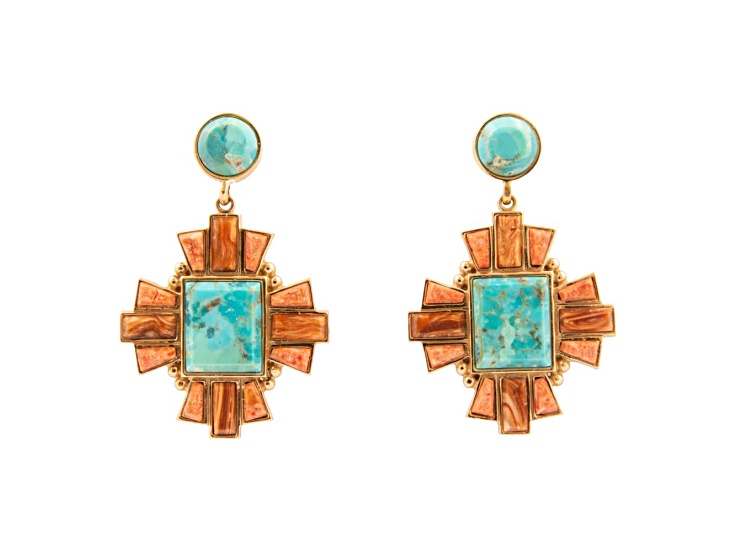 Barse Jewelry Composite Turquoise With Opal & Coral Gold Tone Santa Fe Cross Dangle Earrings