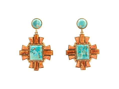 Barse Jewelry Composite Turquoise With Opal & Coral Gold Tone Santa Fe Cross Dangle Earrings