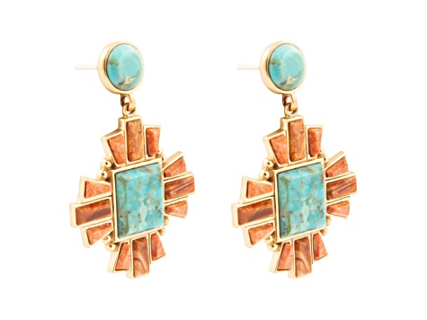Barse Jewelry Composite Turquoise With Opal & Coral Gold Tone Santa Fe Cross Dangle Earrings