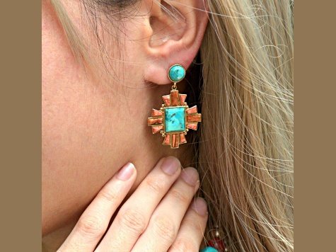 Barse Jewelry Composite Turquoise With Opal & Coral Gold Tone Santa Fe Cross Dangle Earrings