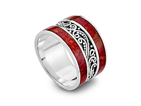 Silver Treasures by Samuel B. Coral Inlay Sterling Silver Scrollwork Design Ring
