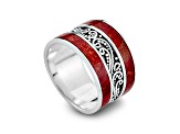 Silver Treasures by Samuel B. Coral Inlay Sterling Silver Scrollwork Design Ring