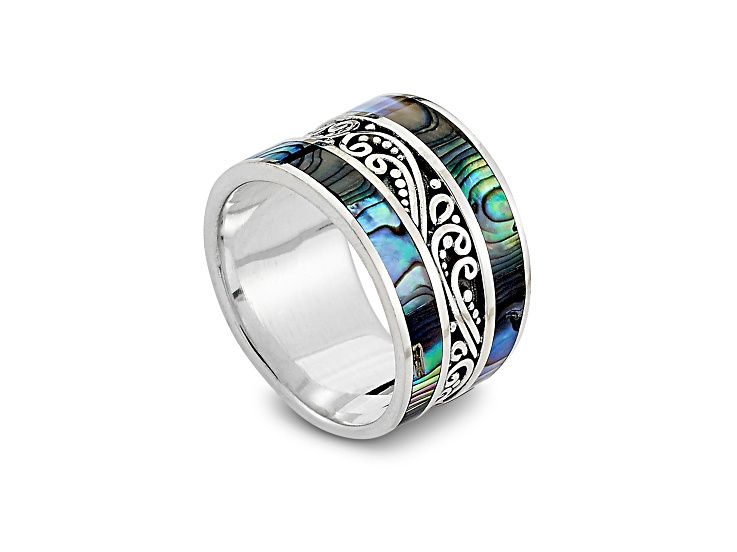 Silver Treasures by Samuel B. Abalone Inlay Sterling Silver Scrollwork Design Ring