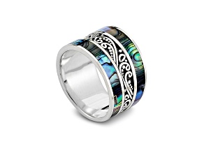 Silver Treasures by Samuel B. Abalone Inlay Sterling Silver Scrollwork Design Ring