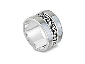 Silver Treasures by Samuel B. Mother-Of-Pearl Inlay Sterling Silver Scrollwork Design Ring