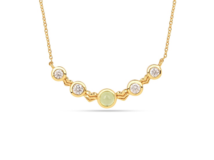 Peridot Cabochon with Moissanite Accents 18K Yellow Gold Over Sterling Silver Curved Bar Necklace