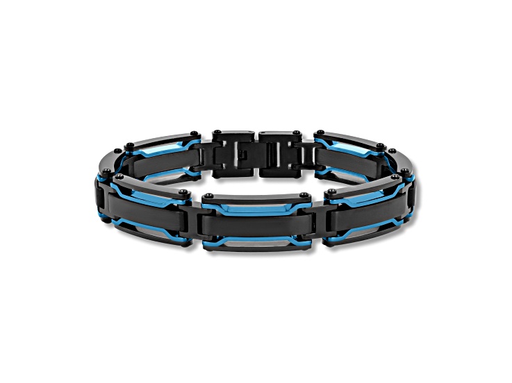 Ion-Plated Black and Blue Stainless Steel Link Bracelet