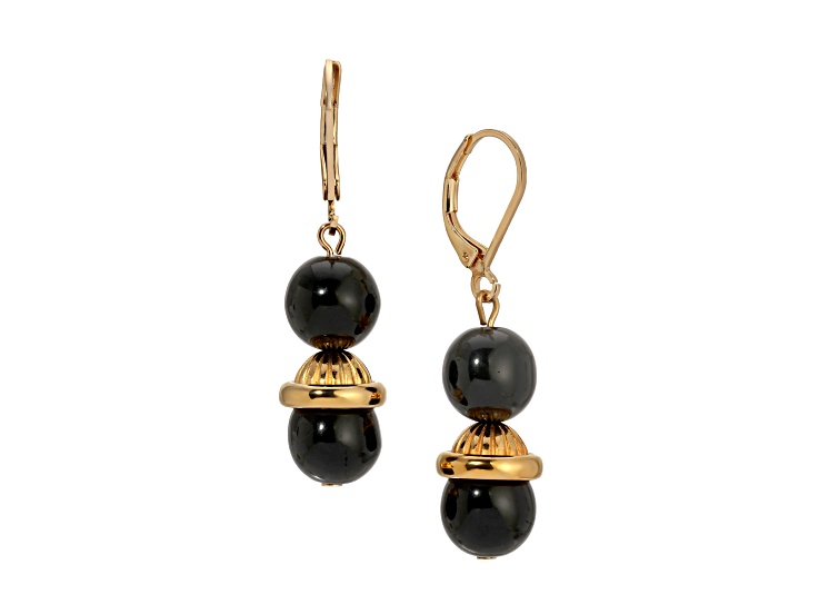 Gold Tone Jet & Gold Beads Drop Leverback Earrings