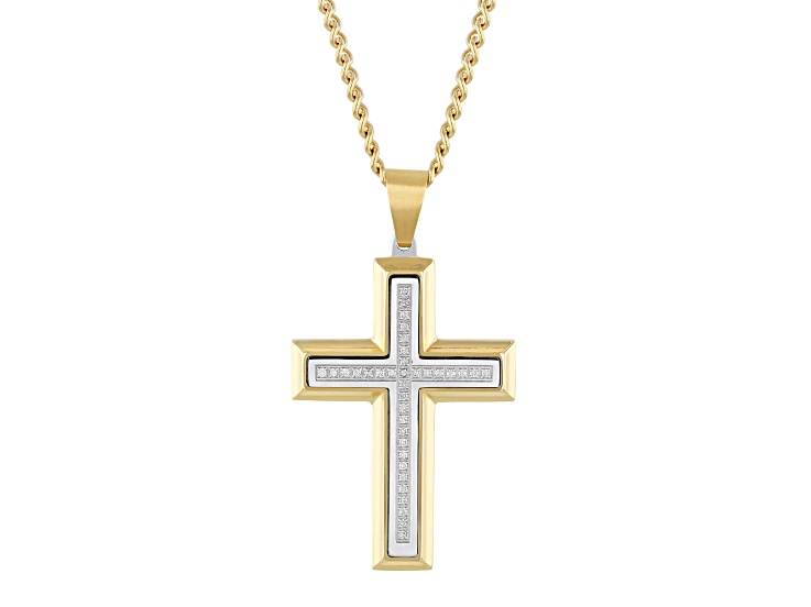 Yellow Ion-Plated Stainless Steel and Diamond Cross Pendant With Chain 0.20ctw