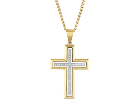 Yellow Ion-Plated Stainless Steel and Diamond Cross Pendant With Chain 0.20ctw