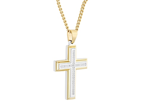 Yellow Ion-Plated Stainless Steel and Diamond Cross Pendant With Chain 0.20ctw