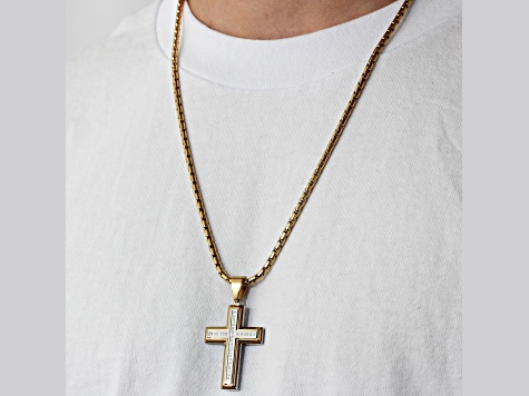 Yellow Ion-Plated Stainless Steel and Diamond Cross Pendant With Chain 0.20ctw