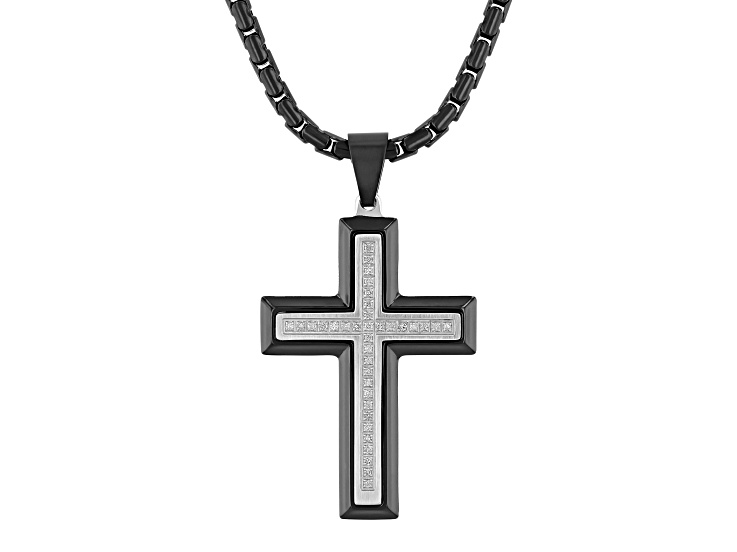 Two-tone Ion-Plated Stainless Steel and Diamond Cross Pendant With Chain 0.20ctw