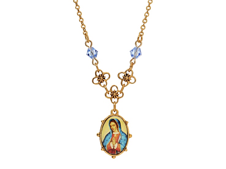 Symbols Of Faith Gold Tone Brass Light Blue Small Oval Mary Pendant With Chain 16 Inch Adjustable