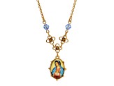 Symbols Of Faith Gold Tone Brass Light Blue Small Oval Mary Pendant With Chain 16 Inch Adjustable