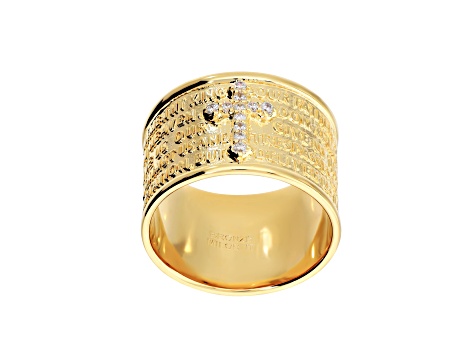 White Cubic Zirconia, 18K Yellow Gold Plated Over Bronze, Cigar Band Prayer Ring, 0.13 carats