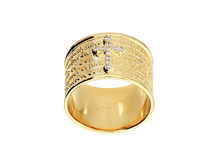 White Cubic Zirconia, 18K Yellow Gold Plated Over Bronze, Cigar Band Prayer Ring, 0.13 carats