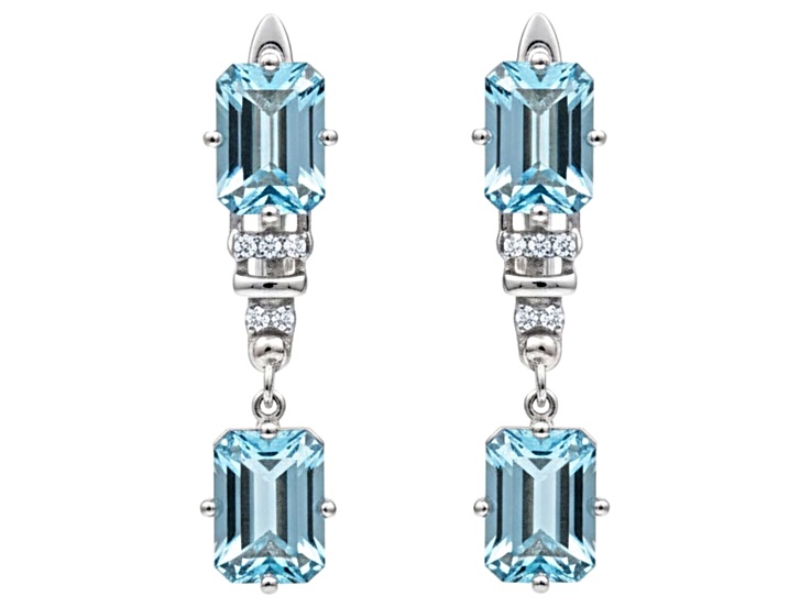 Blue Topaz Octagon Over Sterling Silver Rhodium Drop Earrings