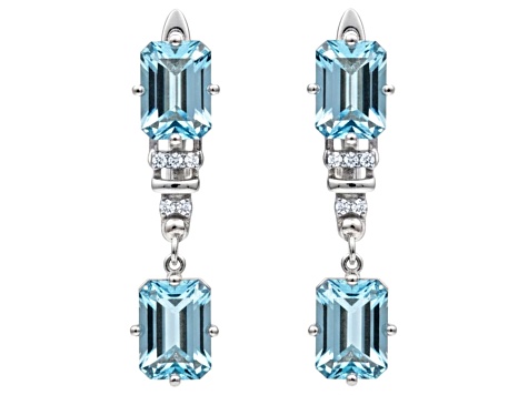 Blue Topaz Octagon Over Sterling Silver Rhodium Drop Earrings