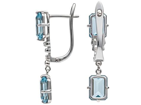 Blue Topaz Octagon Over Sterling Silver Rhodium Drop Earrings