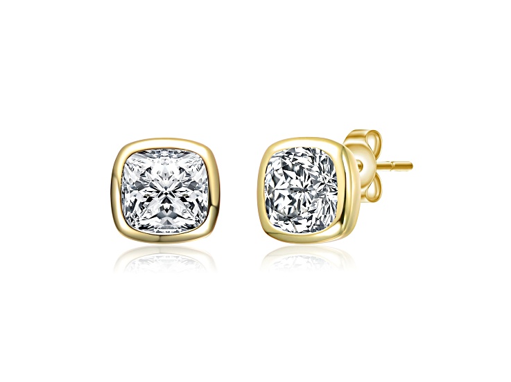 Bezel Set Clear Cubic Zirconia, 14K Gold Plated over Sterling Silver Stud Earrings