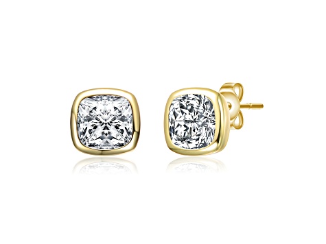 Bezel Set Clear Cubic Zirconia, 14K Gold Plated over Sterling Silver Stud Earrings
