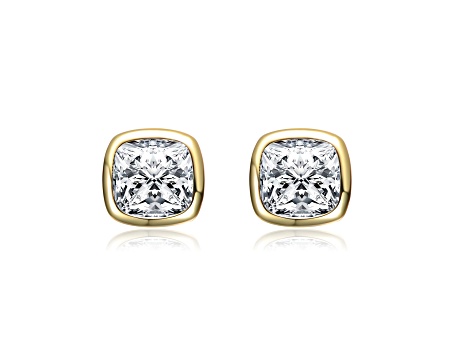 Bezel Set Clear Cubic Zirconia, 14K Gold Plated over Sterling Silver Stud Earrings