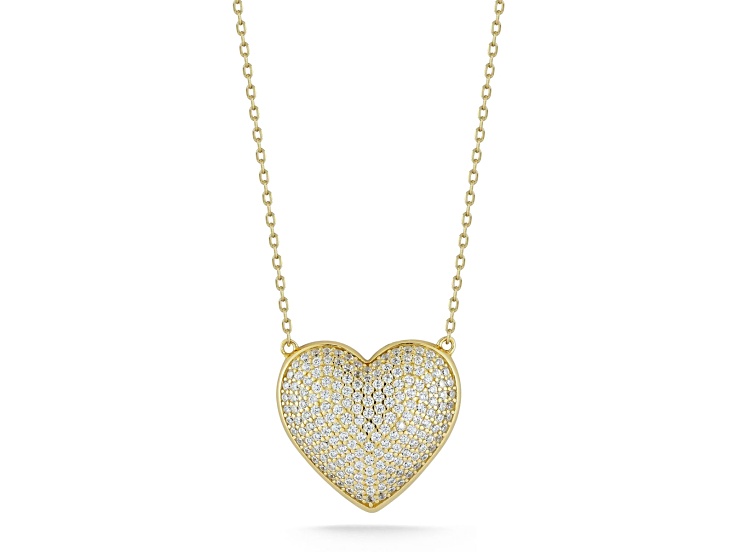 Sterling Statements 14K Yellow Gold Over Sterling Silver Pave Puffed Heart Necklace