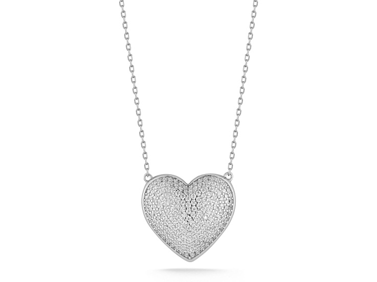 Sterling Statements Rhodium Over Sterling Silver Pave Puffed Heart Necklace