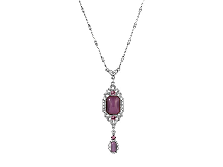 Silver Tone Rectangle Purple Pendant with 24" Chain