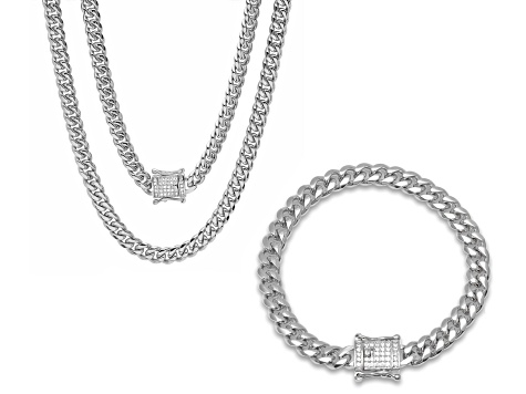 Men's Stainless Steel Miami Cuban Bracelet and Chain Set With Cubic Zirconia Box Clasp