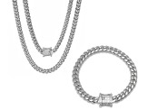 Men's Stainless Steel Miami Cuban Bracelet and Chain Set With Cubic Zirconia Box Clasp