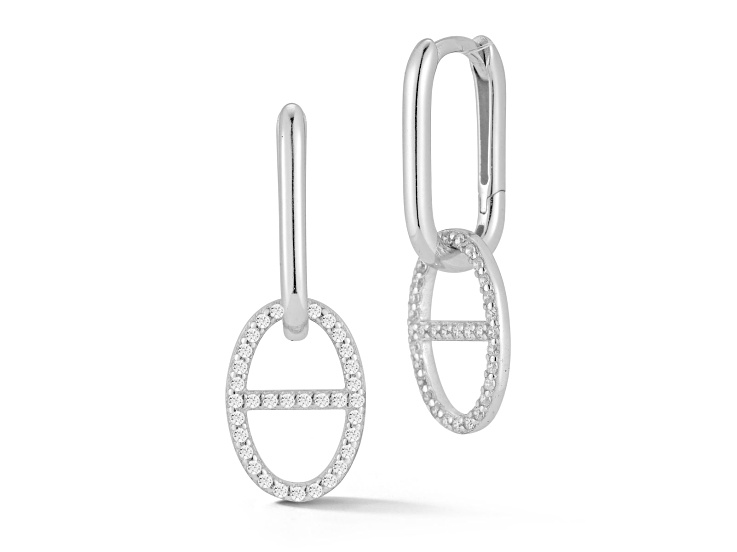 Sterling Statements Rhodium Over Sterling Silver Pave Open Mariner Link Charm Hoop Earrings