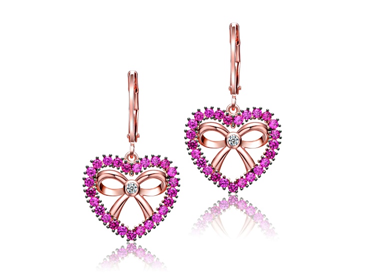 Ruby Red Cubic Zirconia, 18K Rose Gold Plated over Sterling Silver Heart Leverback Earrings