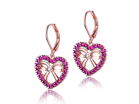 Ruby Red Cubic Zirconia, 18K Rose Gold Plated over Sterling Silver Heart Leverback Earrings