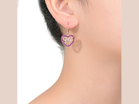 Ruby Red Cubic Zirconia, 18K Rose Gold Plated over Sterling Silver Heart Leverback Earrings