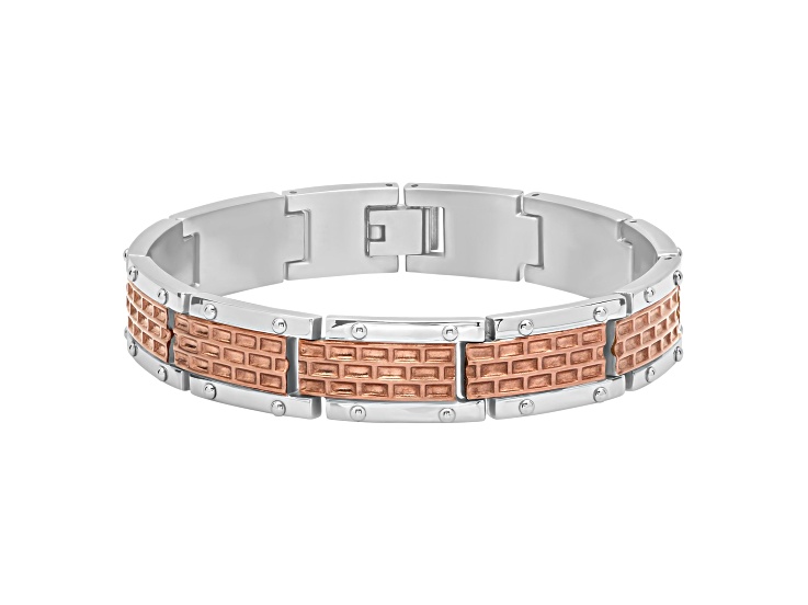 Stainless Steel with Two-Tone Finish Brick Design Link Bracelet