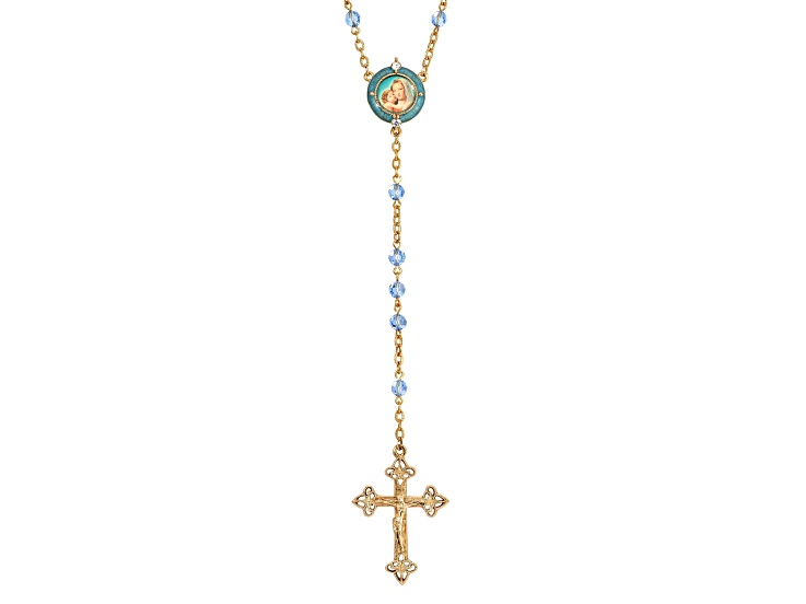 Symbols Of Faith Gold Tone Blue Beaded Rosary with Mary and Child Decal