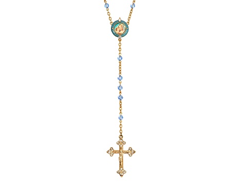 Symbols Of Faith Gold Tone Blue Beaded Rosary with Mary and Child Decal