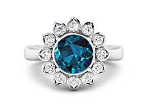 London Blue Topaz and White Diamond Halo 14K White Gold Flower Ring