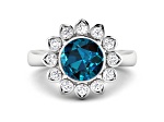 London Blue Topaz and White Diamond Halo 14K White Gold Flower Ring