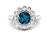 London Blue Topaz and White Diamond Halo 14K White Gold Flower Ring