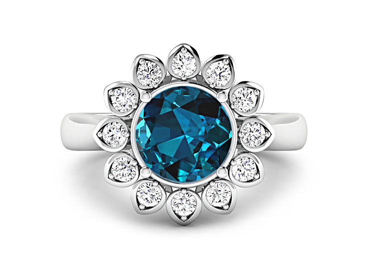 London Blue Topaz and White Diamond Halo 14K White Gold Flower Ring