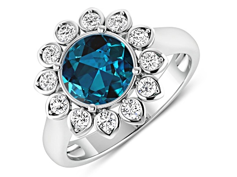 London Blue Topaz and White Diamond Halo 14K White Gold Flower Ring