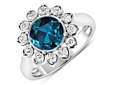 London Blue Topaz and White Diamond Halo 14K White Gold Flower Ring