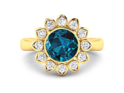 London Blue Topaz and White Diamond Halo 14K Yellow Gold Flower Ring