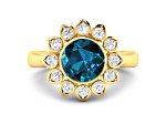 London Blue Topaz and White Diamond Halo 14K Yellow Gold Flower Ring