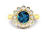 London Blue Topaz and White Diamond Halo 14K Yellow Gold Flower Ring